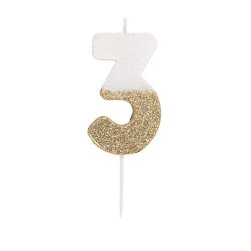 Bougie Chiffre Blanche Paillettes Or 7cm Chiffres 0 à 9