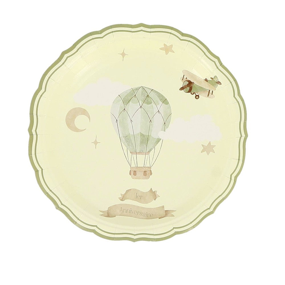Lot de 6 Assiettes "1er Anniversaire" – Thème Nuages Taupe & Vert Amande Ø23 cm