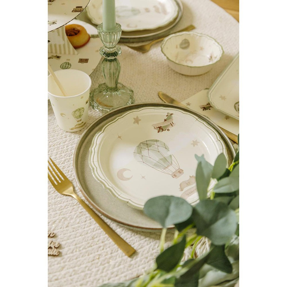 Lot de 6 Assiettes "1er Anniversaire" – Thème Nuages Taupe & Vert Amande Ø23 cm